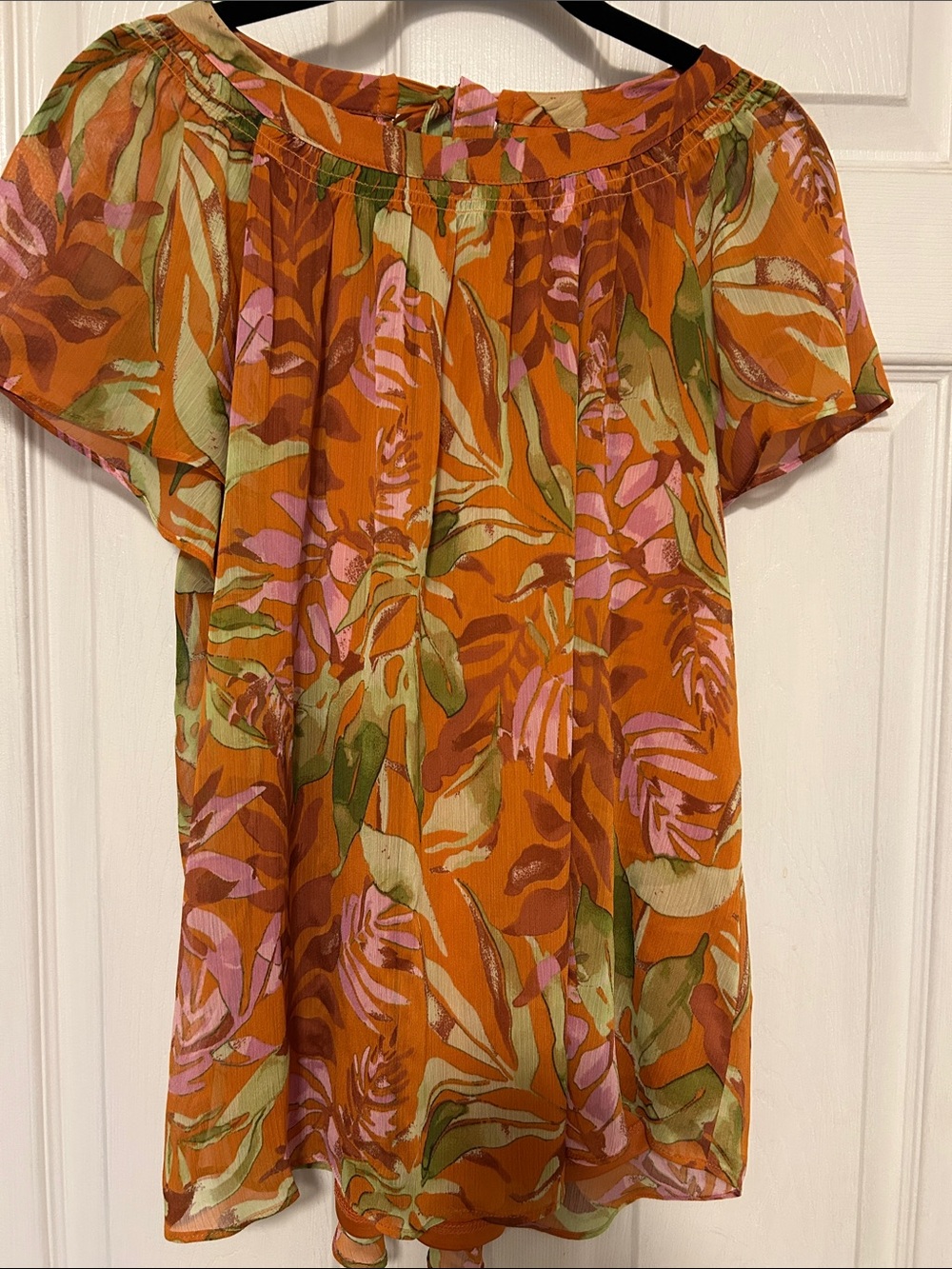 LC Lauren Conrad Orange Floral Off-Shoulder Blouse with Pink and Green Print